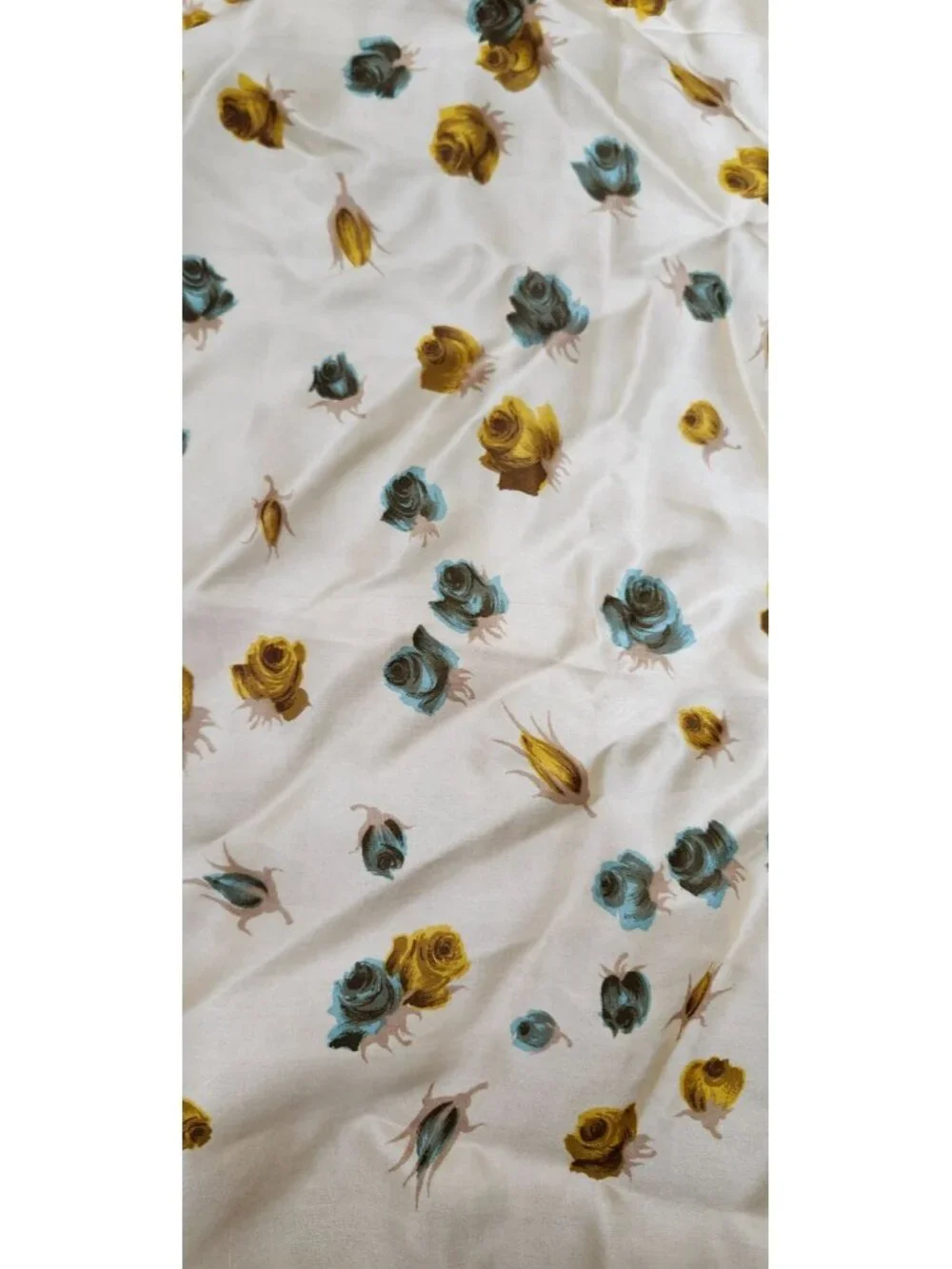 Vintage Floral Silk Scarf Square Cream Blue Yellow Rose Print Neck Hair Head 30'
